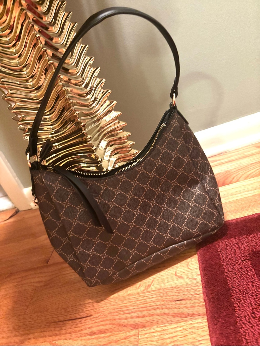 Nine West Brown Logo-Print Shoulder Bag with Tan Front Pocket and Gold Chain - Picture 4 of 6